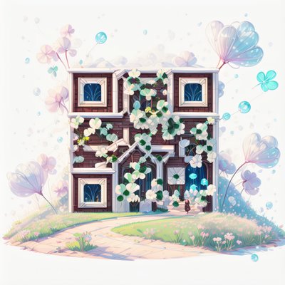 Кирпичный дом в клевере, игровая графика, QR-код для постеров