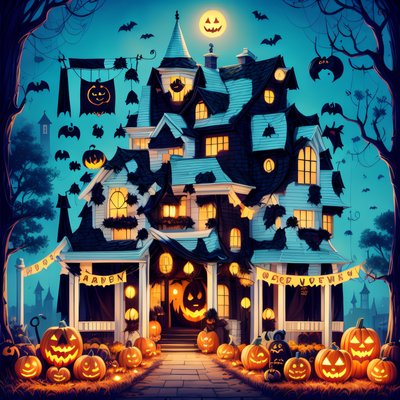 Haunted House Halloween Cartoon QR Code for Posters