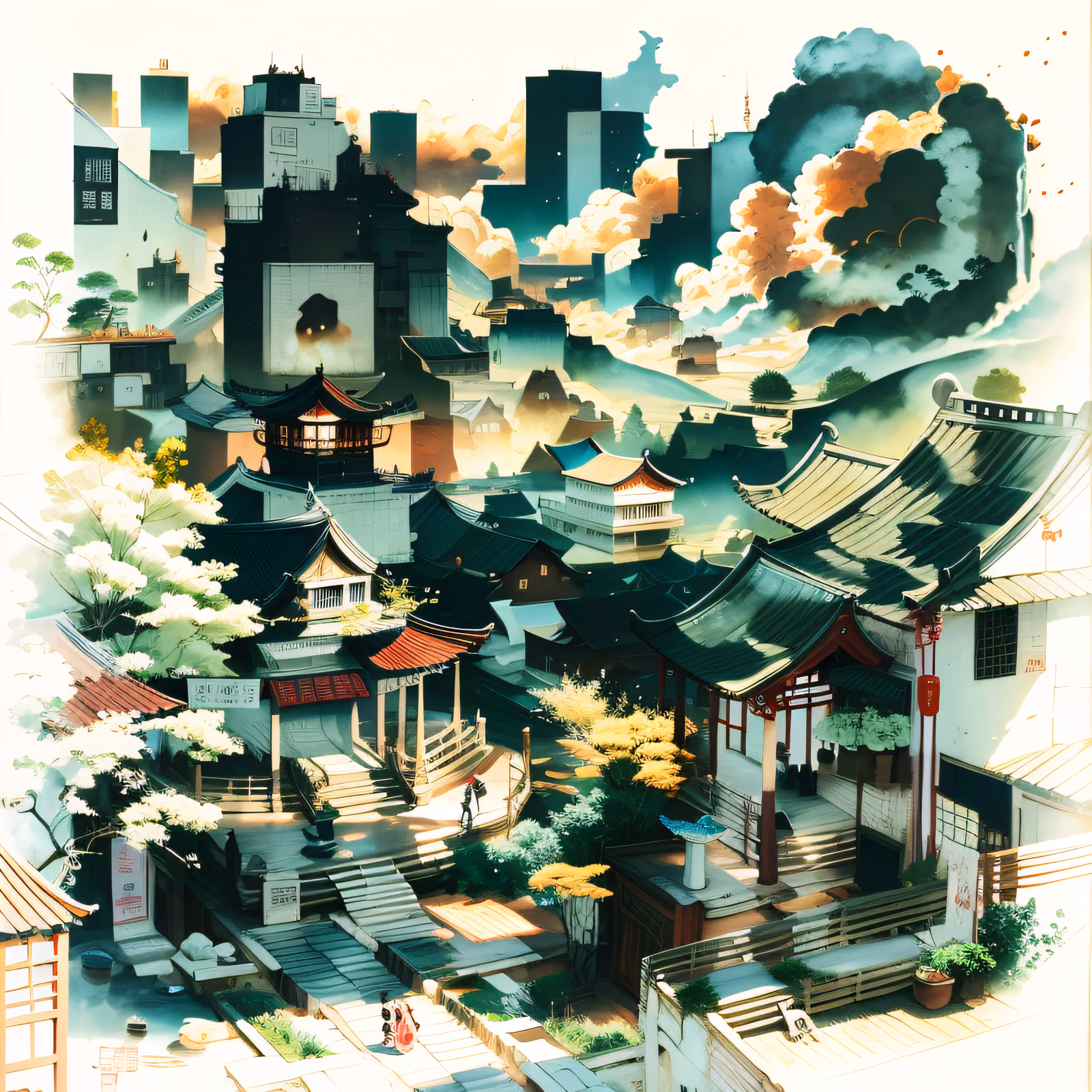 Chinese Hillside Town Ink Wash Village QR Code Art — image 1