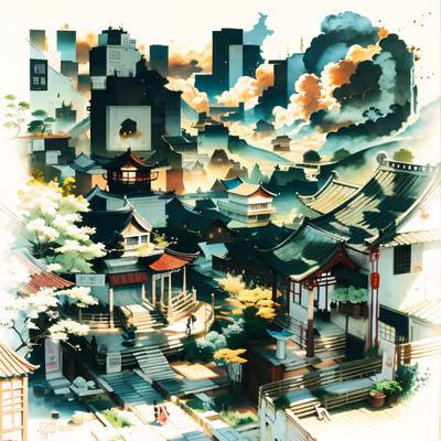 Chinese Hillside Town Ink Wash Village QR Code Art — image 1