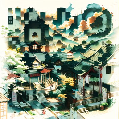 Chinese Hillside Town Ink Wash Village QR Code Art