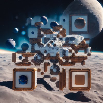 月球空间站3D渲染二维码设计,适用于海报