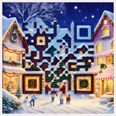 Snowy Christmas Village Gouache QR Code for Greeting Cards