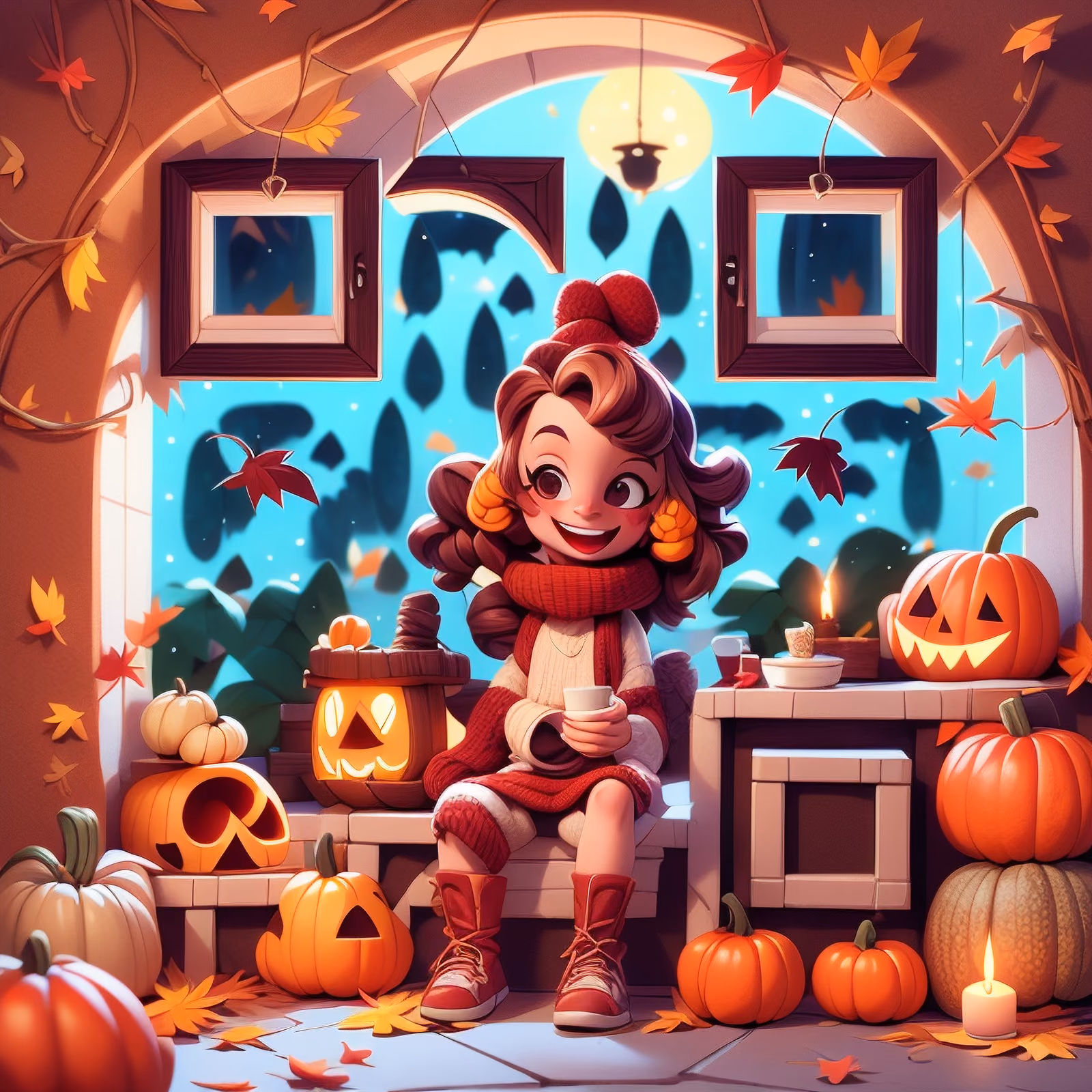 Autumn Pumpkin Girl 3D Cartoon QR Code for Posters — image 1