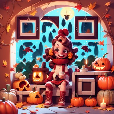 Autumn Pumpkin Girl 3D Cartoon QR Code for Posters