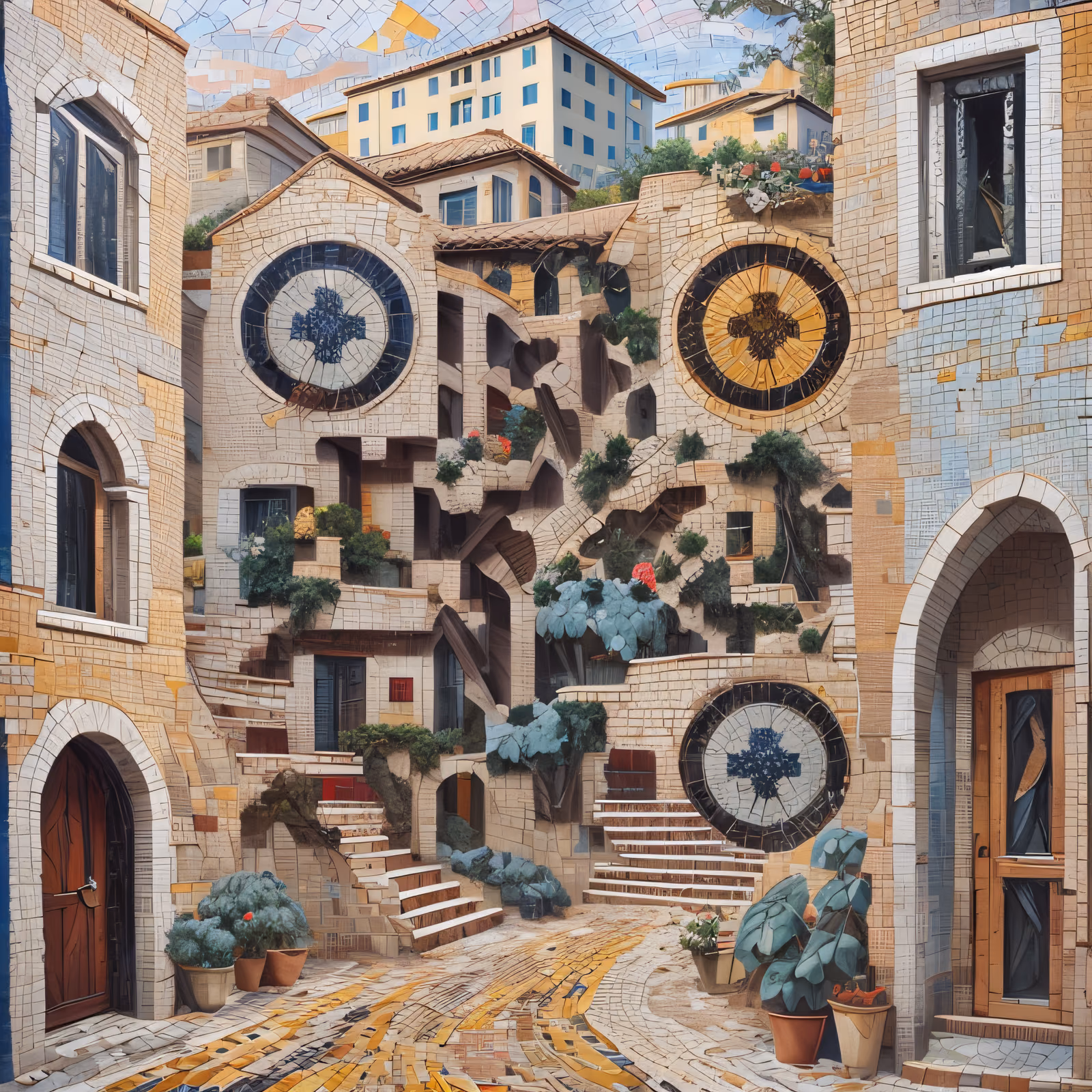 Mosaic Village Street With Stairs QR Code Art — image 1