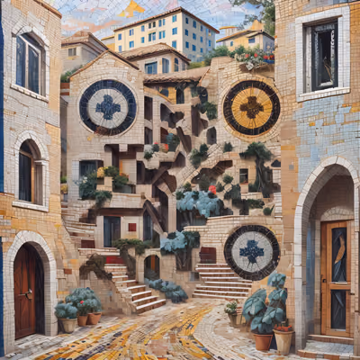 Mosaic Village Street With Stairs QR Code Art — image 1