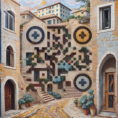 Mosaic Village Street With Stairs QR Code Art