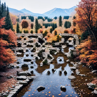Autumn Stream Stone Bridge Photo QR Code Art — image 1