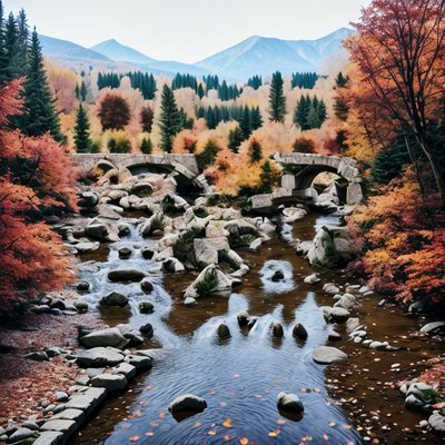 Autumn Stream Stone Bridge Photo QR Code Art