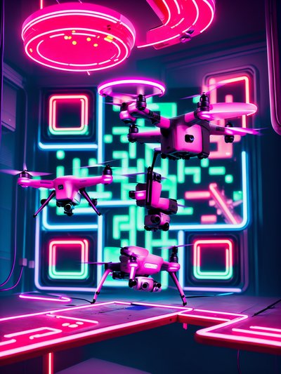 Pink Neon Drones Retrofuturism QR Code for Posters