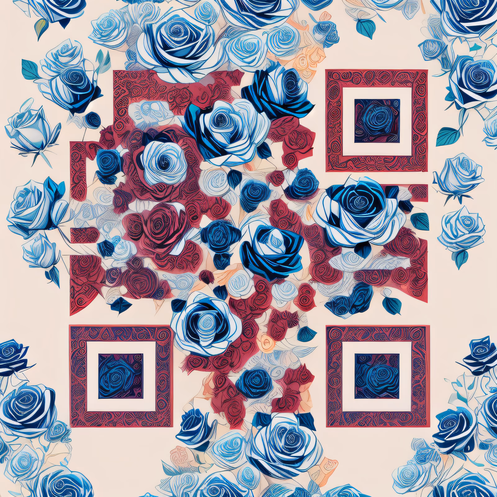 Blue and Red Roses Pattern QR Code Art — image 1