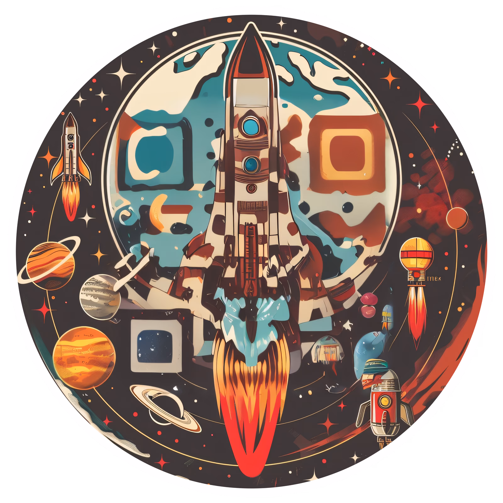 Retro Rocket Planets Vector Spaceship QR Code for Stickers — image 1