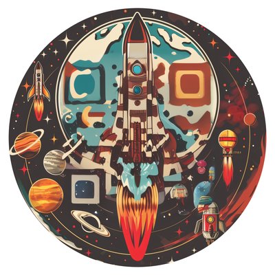 Retro Rocket Planets Vector Spaceship QR Code for Stickers