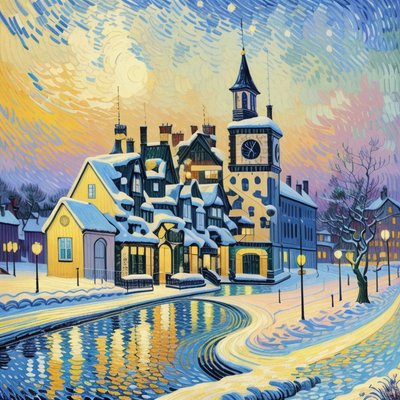 Snowy Village Impasto Painting QR Code for Greeting Cards