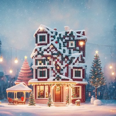 Snowy Christmas Mansion Digital Painting QR Code for Greeting Cards