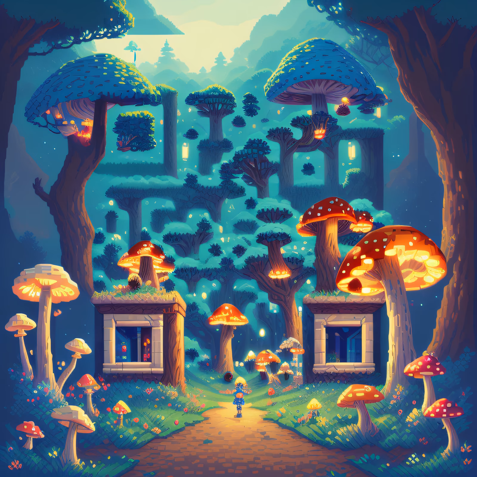 Pixel Art Enchanted Mushroom Forest QR Code Art — image 1