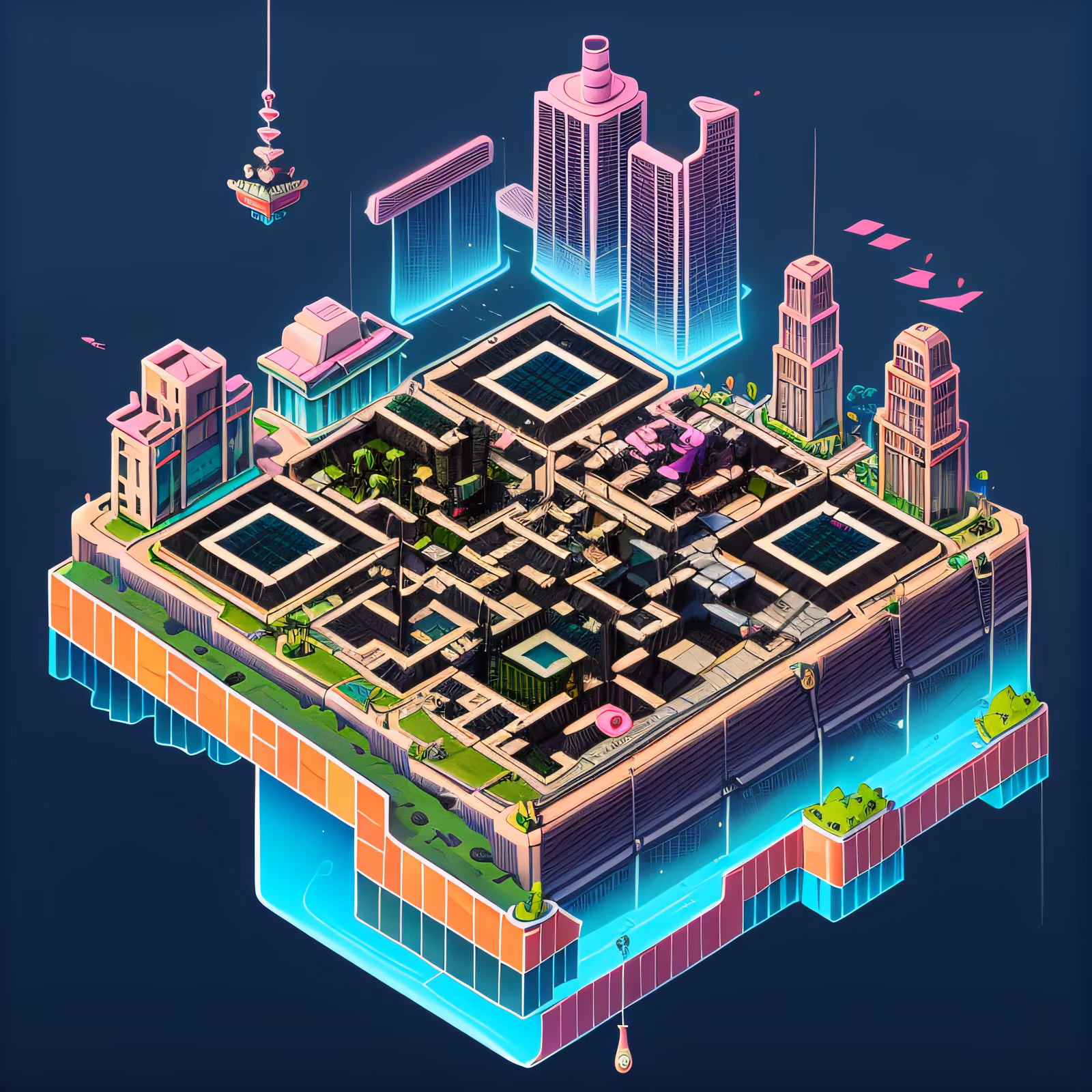 Isometric Floating Neon City QR Code Art — image 1