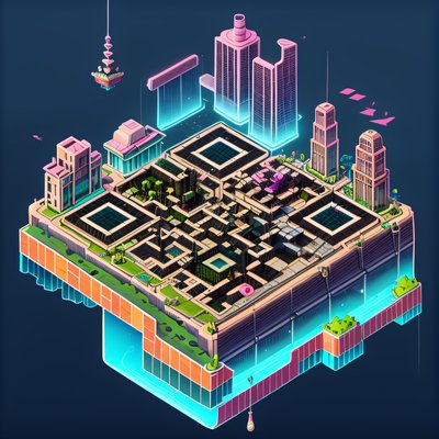 Изометрический плавающий неоновый город: QR-код