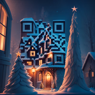 雪夜圣诞小屋 3D渲染夜景二维码设计 贺卡 — 图片 1