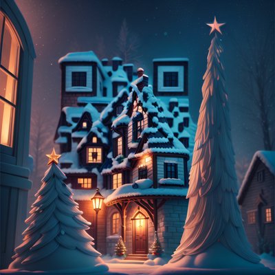 雪夜圣诞小屋 3D渲染夜景二维码设计 贺卡