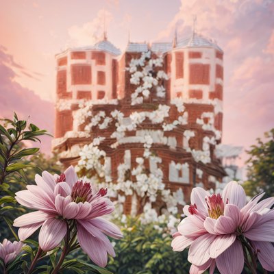 Blossom Covered Brick Tower Photorealistic QR Code Art