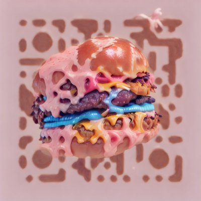 Floating Melting Burger 3D Render QR Code for Restaurant Menus
