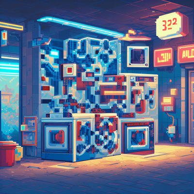 Pixel Art Neon Laundromat QR Code for Posters