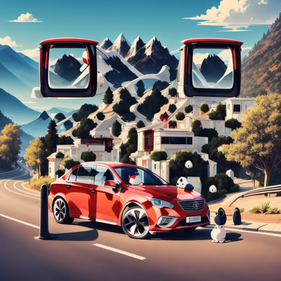 Red Sedan Mountain Road Illustration QR Code Art — image 1
