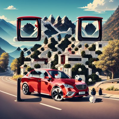 Red Sedan Mountain Road Illustration QR Code Art