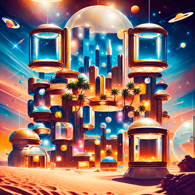 Retrofuturist Space Colony Palms QR Code for Posters — image 1