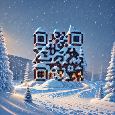 Заснеженный рождественский домик, цифровая живопись, зимний QR-код для открыток