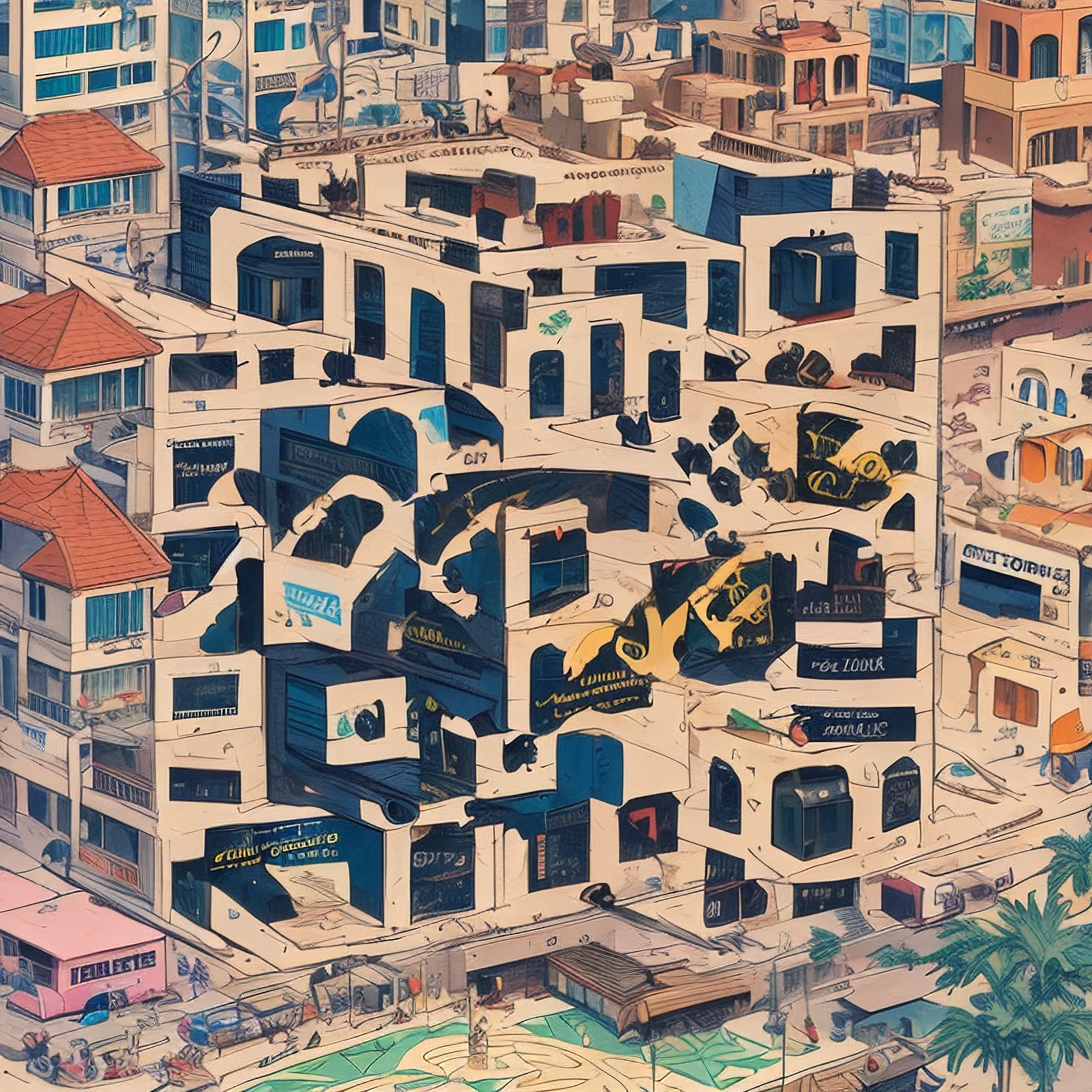 漫画风城市屋顶风景二维码艺术 — 图片 1