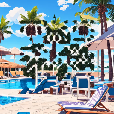 Resort Pool Palm Trees Cartoon QR Code for Posters — image 1