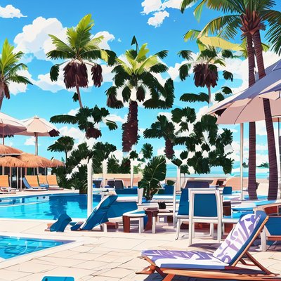 Resort Pool Palm Trees Cartoon QR Code for Posters