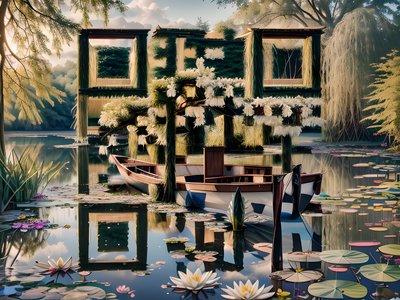 Lake Boat Water Lilies Photoreal QR Code Art