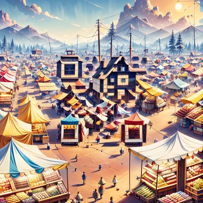 Mountain Village Market Digital Painting QR Code for Posters