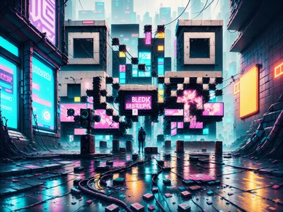 Неоновая киберпанк-аллея с билбордами: QR-код для постеров