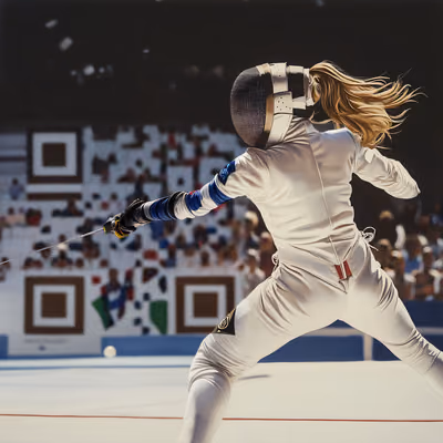 Olympic Fencer Lunging Photorealistic QR Code for Posters — image 1