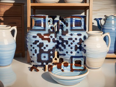 Blue Glazed Ceramic Jugs Photo QR Code Art