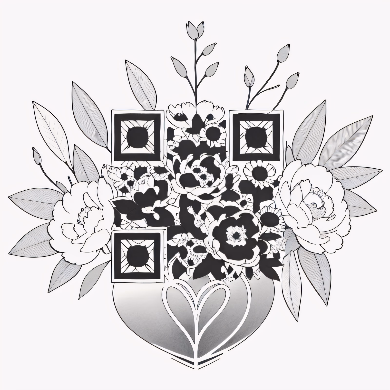 牡丹雏菊爱心纹身墨线二维码艺术,适用于临时纹身 — 图片 1