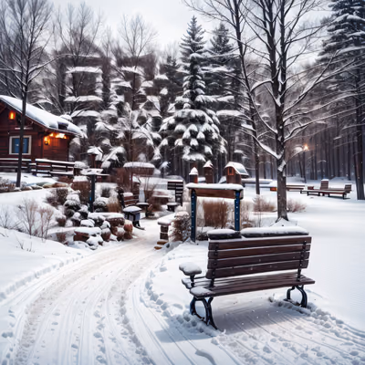 Snowy Park Benches Winter Scene QR Code for Posters — image 1