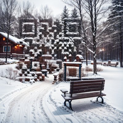 Snowy Park Benches Winter Scene QR Code for Posters