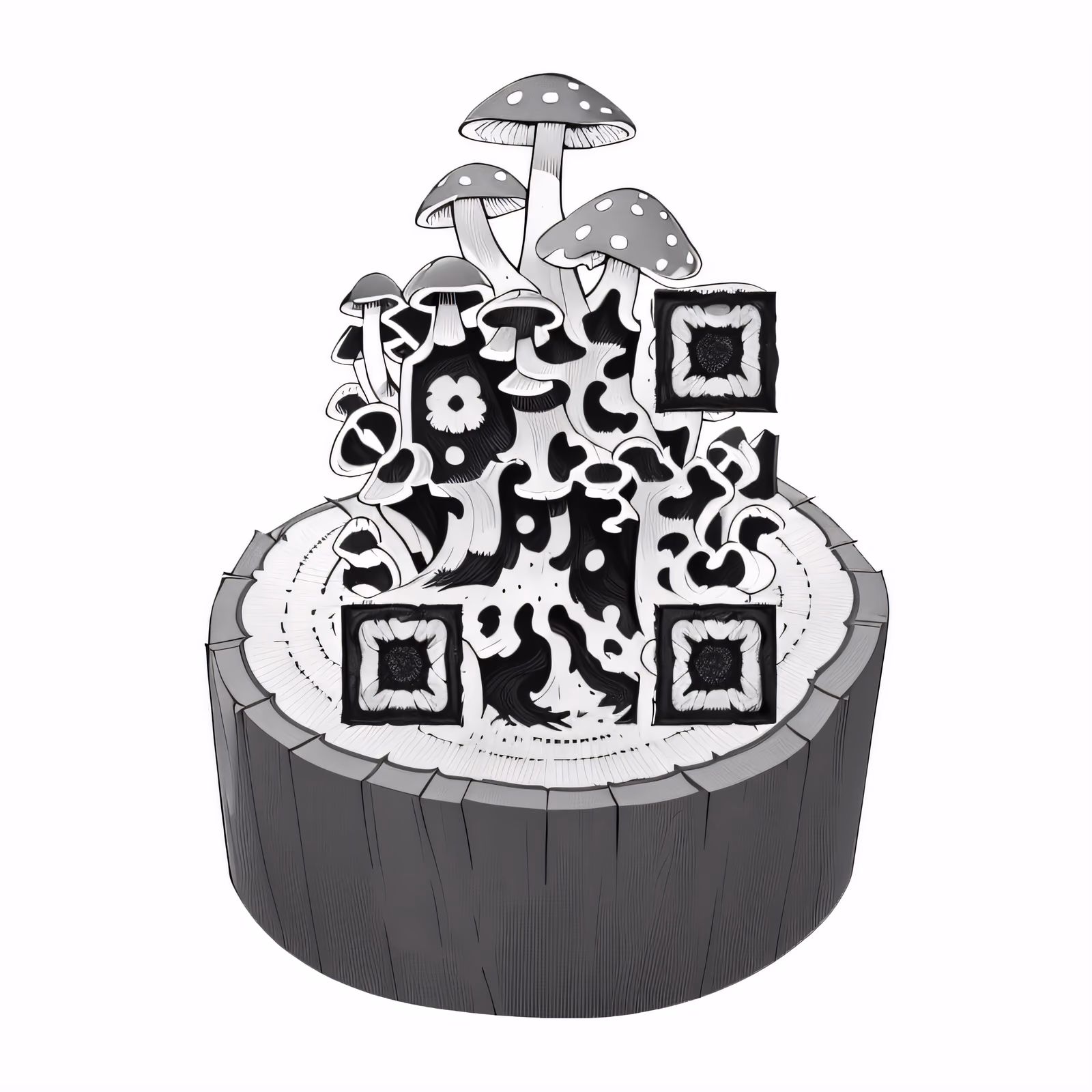 Mushrooms on Tree Stump Ink QR Code for Temporary Tattoos — image 1