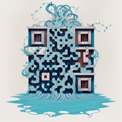 Здание, увитое лозами: QR-код в стиле игрового арта для постеров