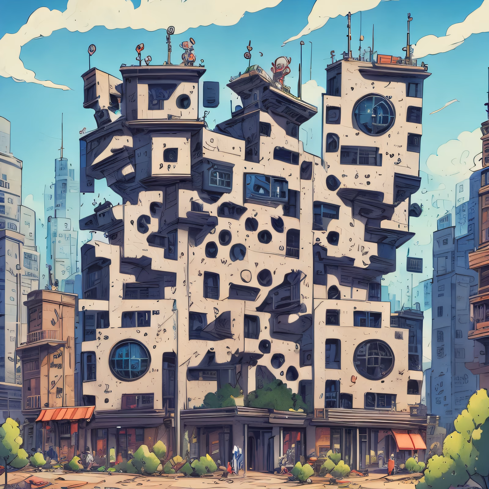 Quirky Tower Building Comic Book QR Code for Posters — image 1