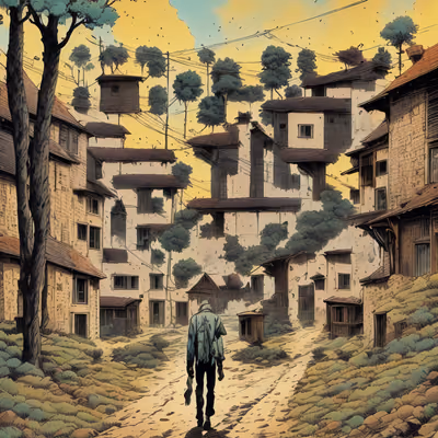 乡村小路行人漫画风二维码艺术，适用于书籍封面 — 图片 1