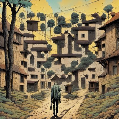 乡村小路行人漫画风二维码艺术，适用于书籍封面