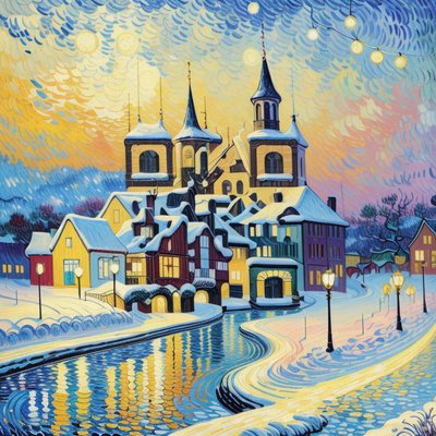 Snowy Village Oil Painting QR Code for Greeting Cards