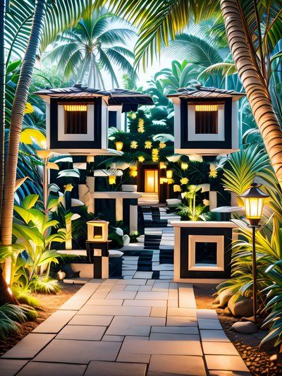 Тропическая садовая дорожка с фонарём: QR-код для постеров